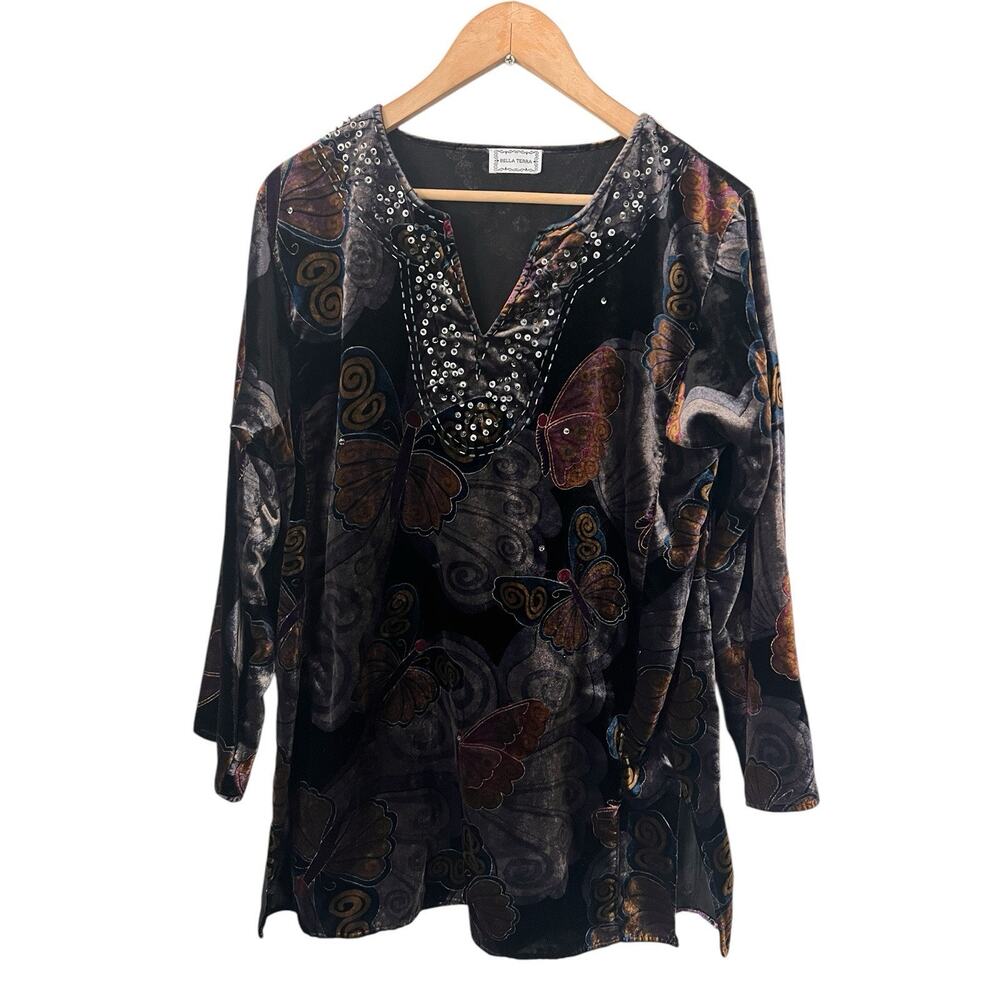 Bella Terra Dark Butterfly Print Beaded Velvet Tunic Large Lagenlook Art To Wear